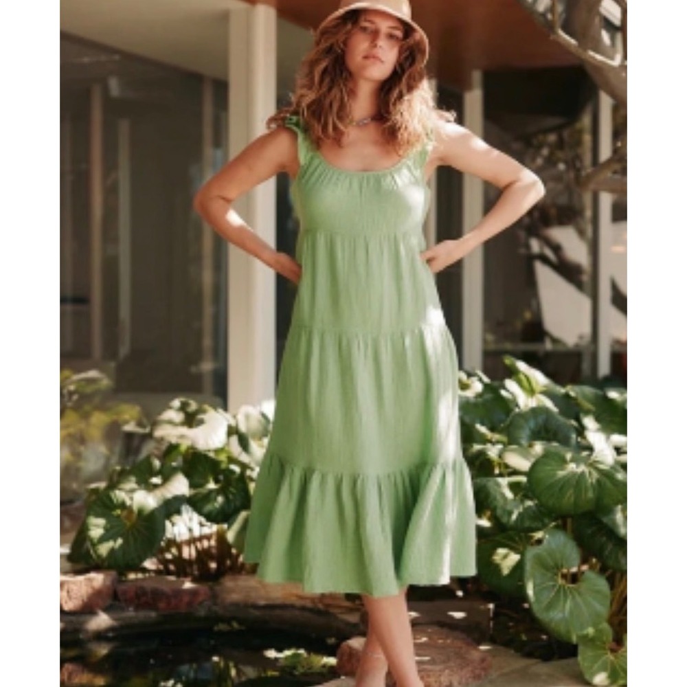 Marine Layer Jude‎ Gauze Midi Dress M Green Tiered Flutter Sleeve NWT Coastal